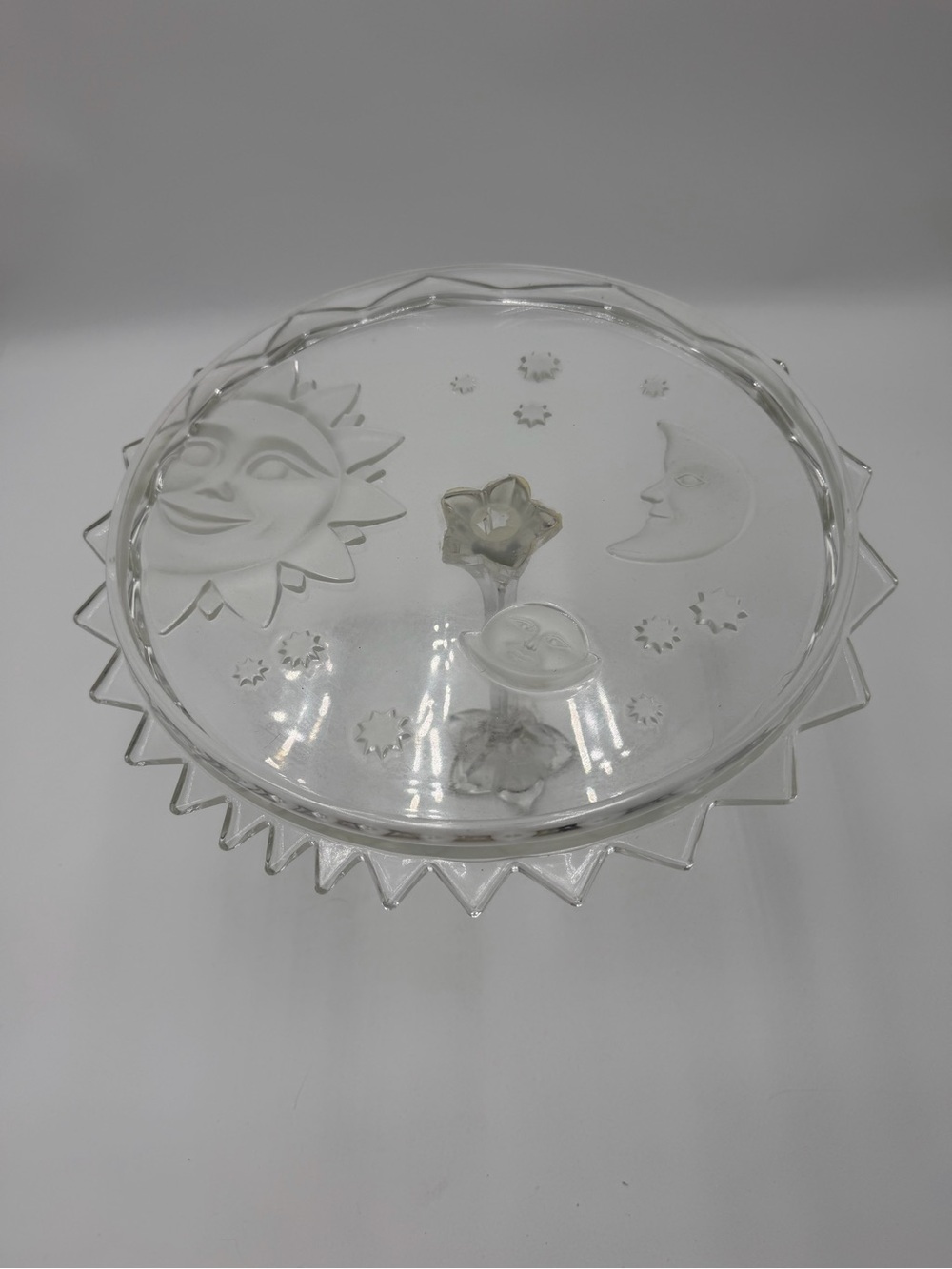 Vintage Celestial Glass Pedestal Cake Stand Sun Moon Stars Whimsigoth Decor